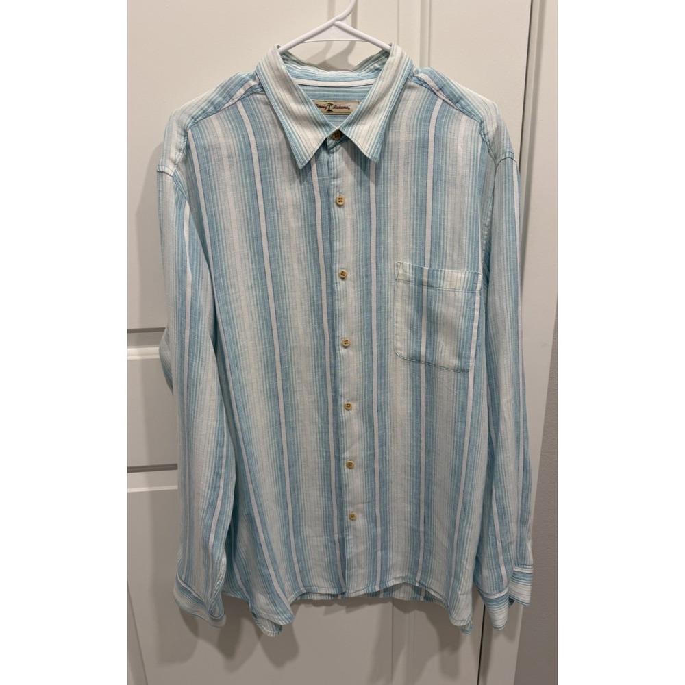 Tommy Bahama Men's Button-down Shirt 100% Linen Blue/White Size L Resort Wear